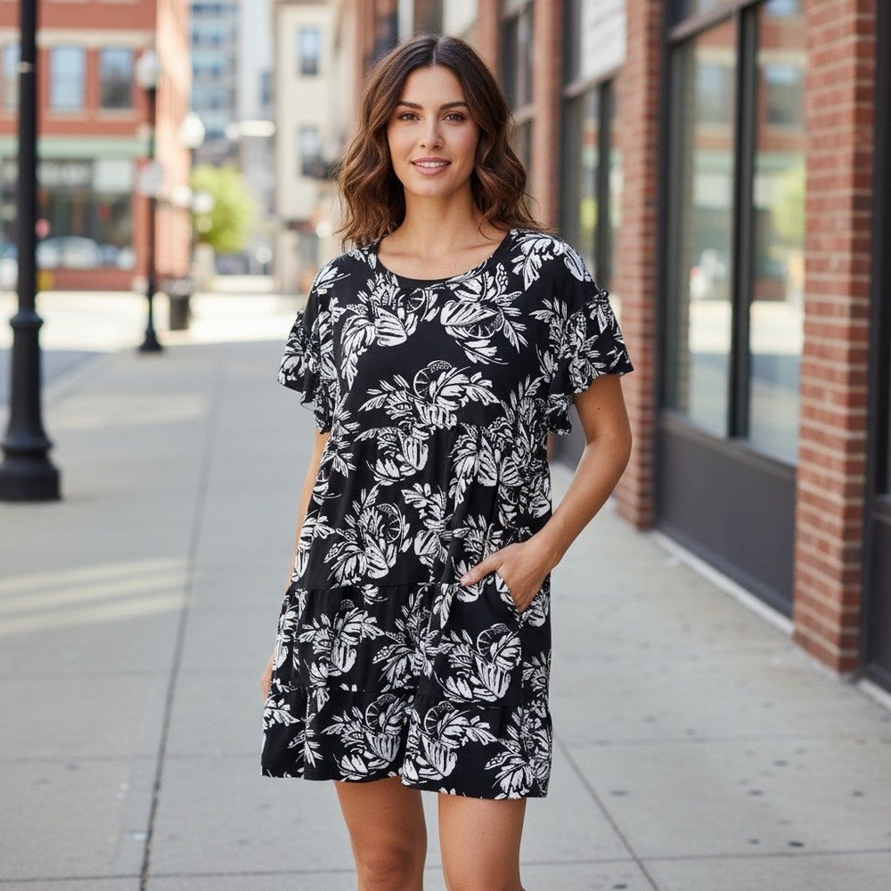 Crown & Ivy Womens XL Black White Floral Tiered Babydoll Mini Dress Pockets